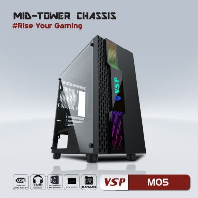 Vỏ Case VSP Gaming Mid Tower Chassis M05 (Gương hông cường lực, Led RGB)