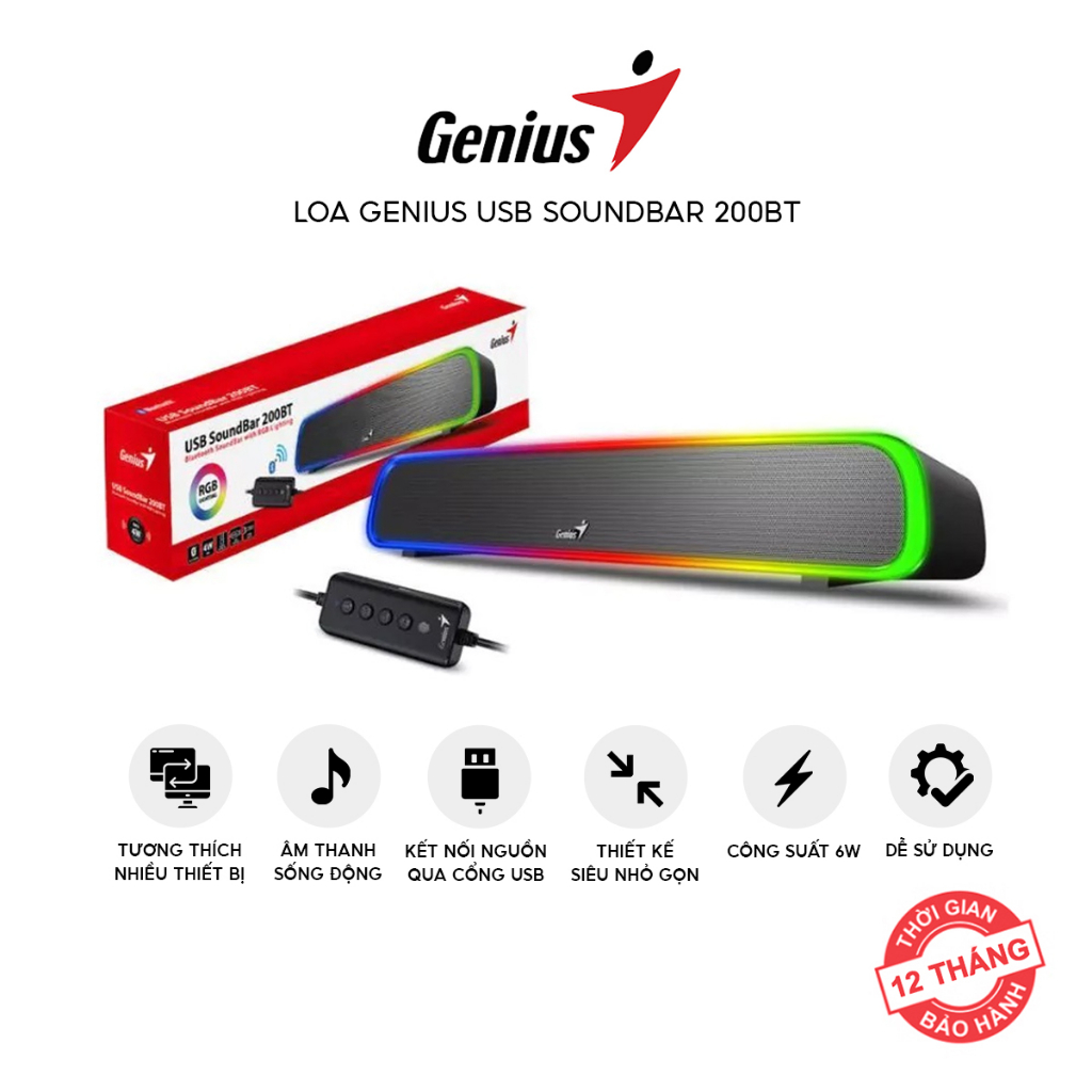 Loa SoundBar Genius 200BT (USB, Jack 3.5 / Bluetooth/ Led RGB/ 4W)